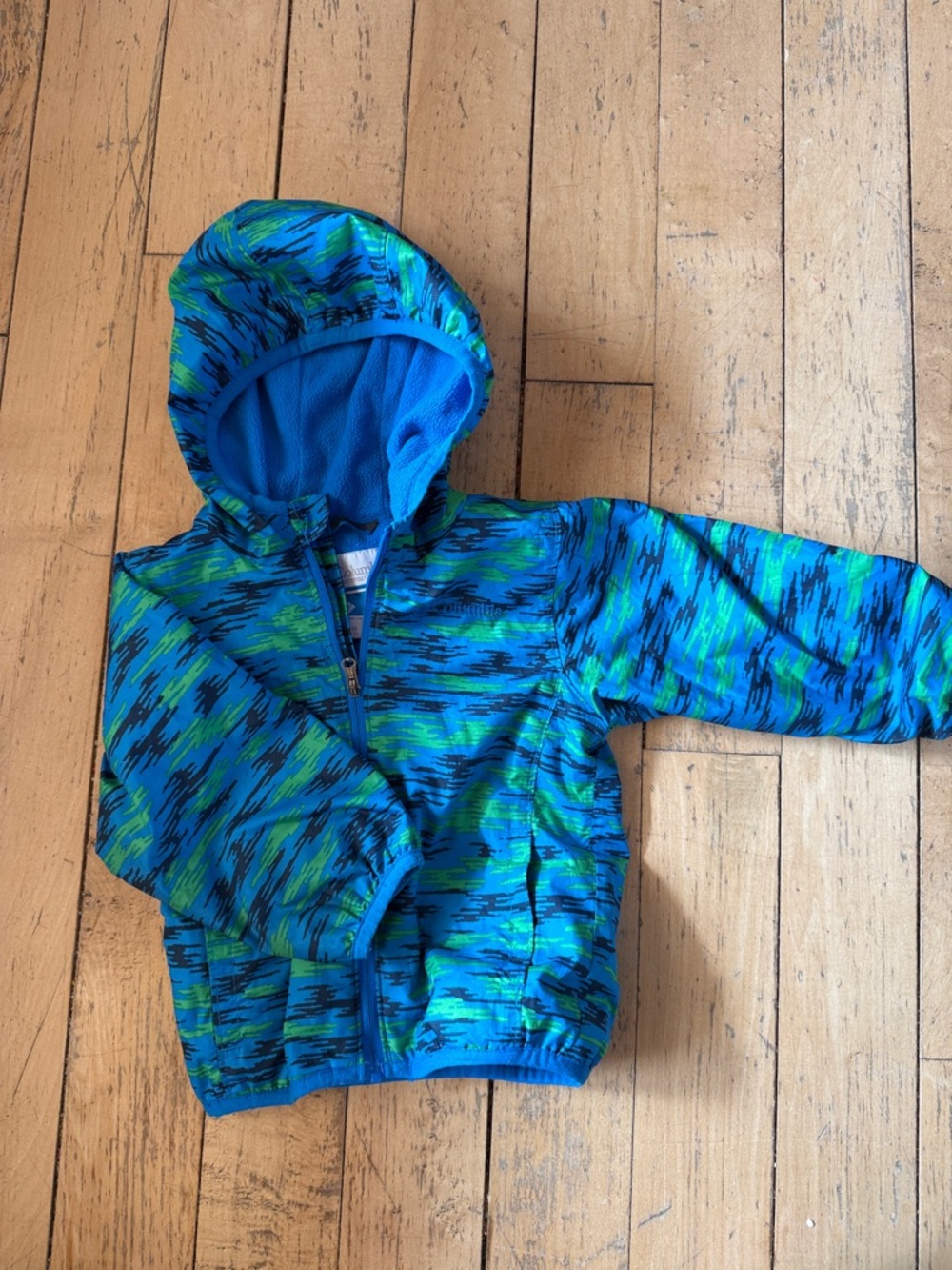 Columbia Blue & Green Patterned Kids Hooded Puffer Jacket